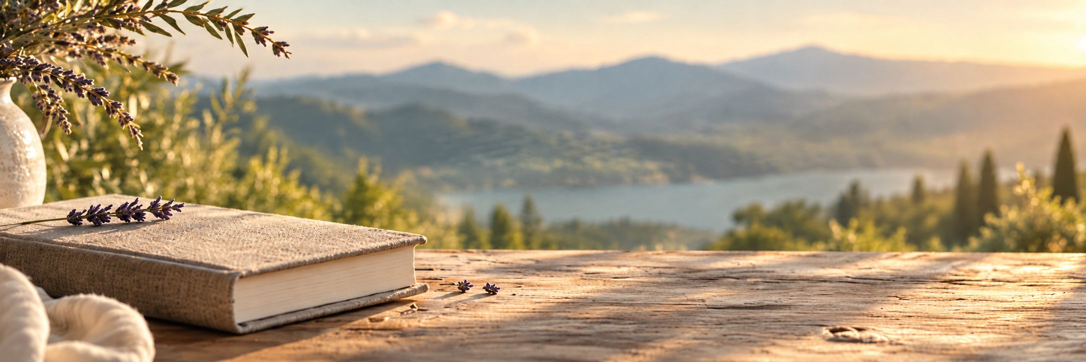 A book and lavender overlooking a sunlit mountain landscape